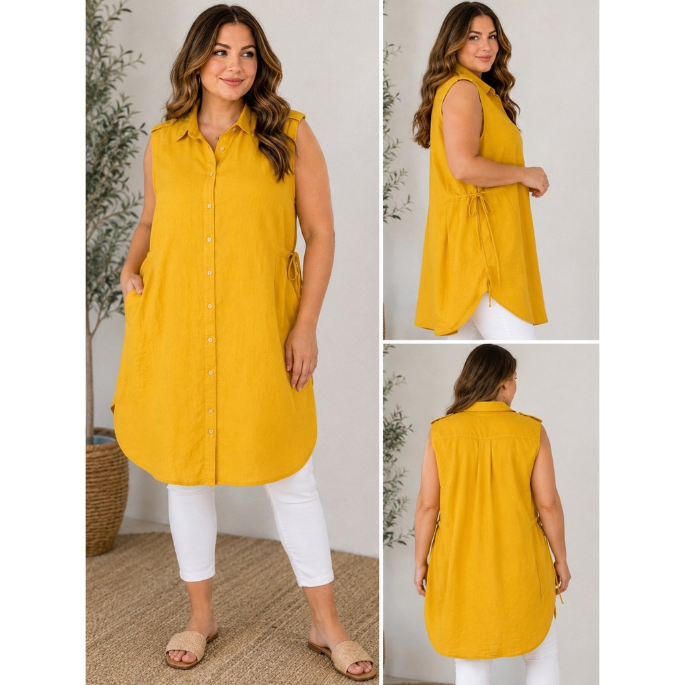 Dalin Mustard Yellow Sleeveless Button Down Tunic Vest with‎ Pockets 2X